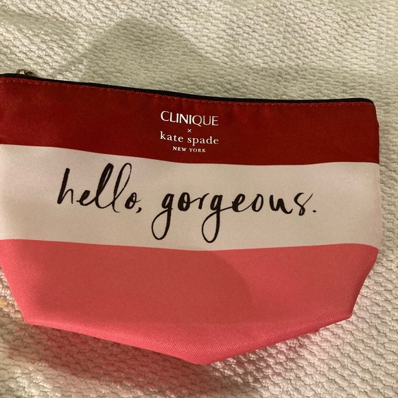 Clinique Kate Spade zippered, cosmetic case red white pink “HELLO GORGEOUS “ NEW - Picture 1 of 12